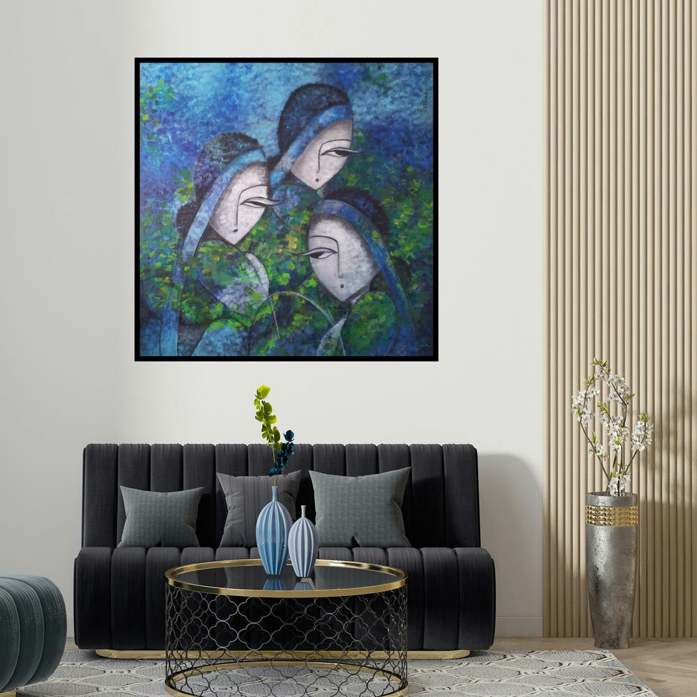 Sarang Singla's 'Tea Tulips' painting visualized above a sofa in a contemporary room.