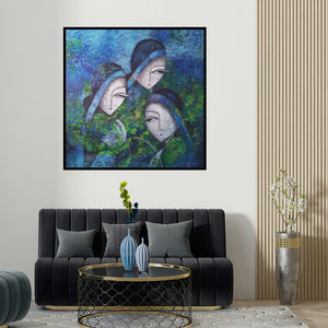 Sarang Singla's 'Tea Tulips' painting visualized above a sofa in a contemporary room.