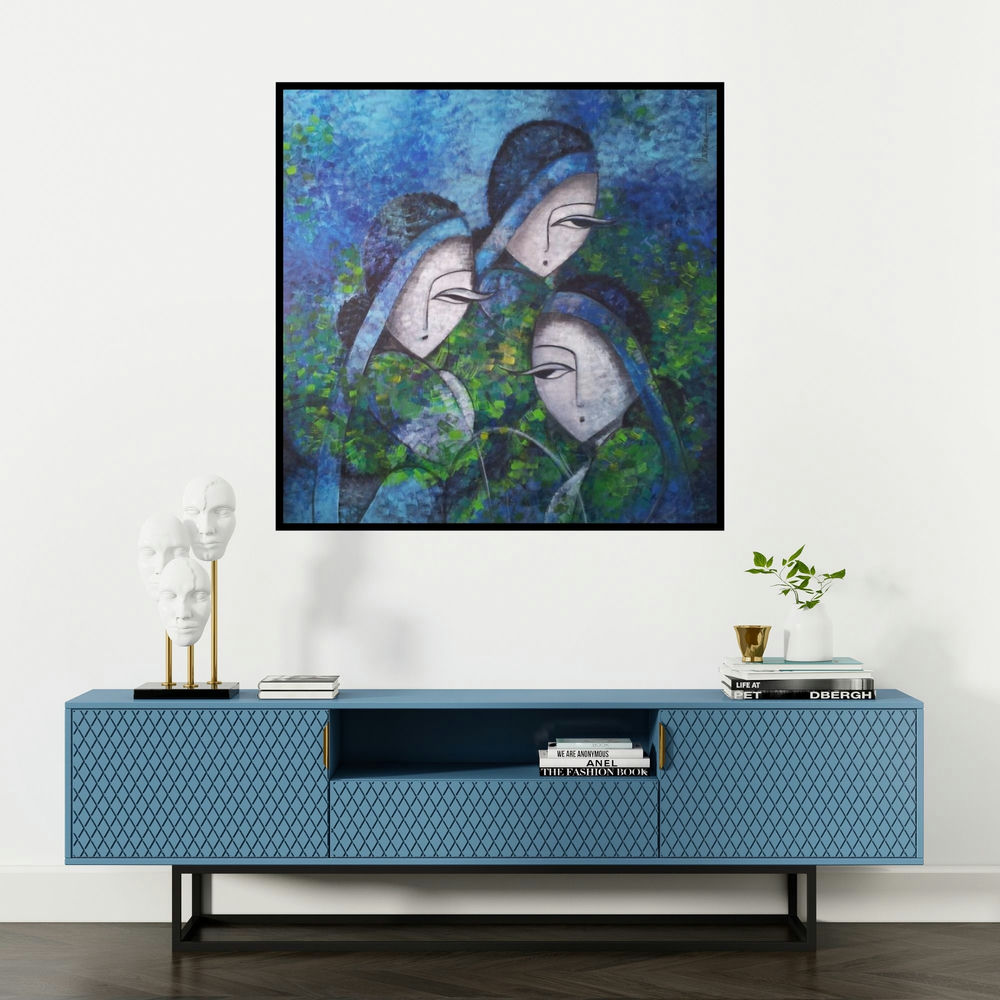 'Tea Tulips' painting by Sarang Singla shown on a wall in a furnished room.
