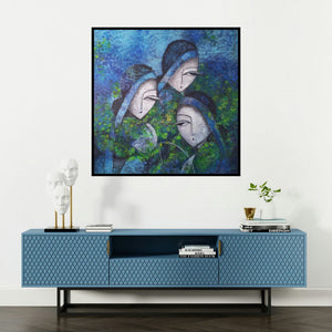 'Tea Tulips' painting by Sarang Singla shown on a wall in a furnished room.