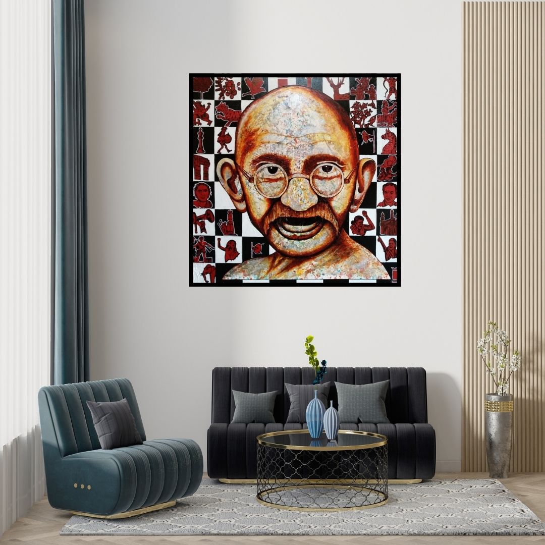 Preview of 'Weaving Icon (Gandhi ji)' Painting by Naresh Bollu shown on a wall in a furnished room.