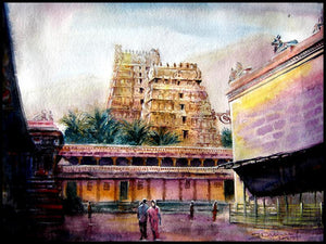 Temple 1 (Architectural Majesty) by Srv Artist, Original Watercolor Cityscape Painting on Handmade Paper, Small Horizontal Wall Art
