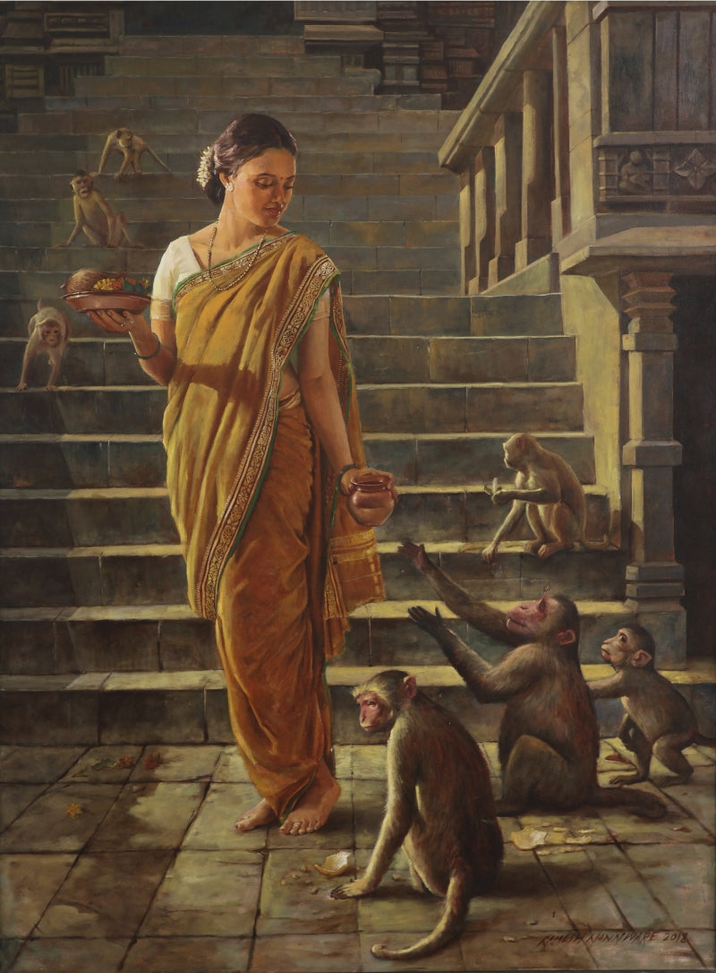 To The Temple' figurative oil painting by artist Ramesh Nanware, 48x36 inch, on canvas