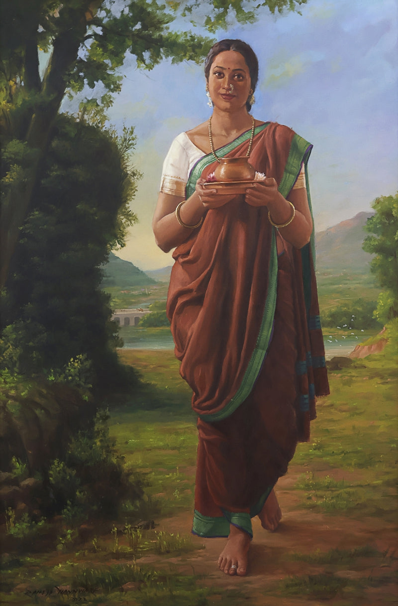 To The Temple 2' figurative oil painting by artist Ramesh Nanware, 36x24 inch, on canvas
