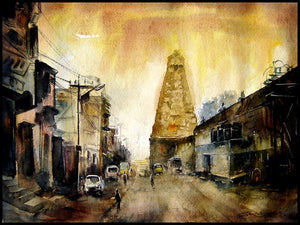 Temple 2 (Urban Sanctuary) by Srv Artist, Original Watercolor Cityscape Painting on Handmade Paper, Small Horizontal Wall Art