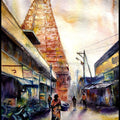 Cityscape watercolor painting titled 'Temple 3', 15x11 inches, by artist SRV ARTIST on Handmade Paper