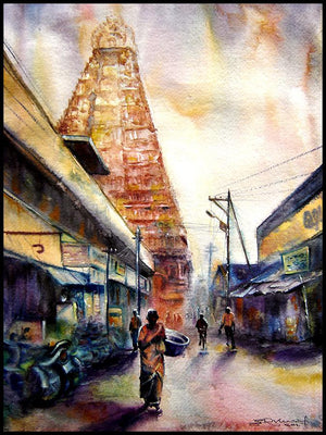 Temple 3 (Path to Divinity) by Srv Artist, Original Watercolor Cityscape Painting on Handmade Paper, Small Vertical Wall Art