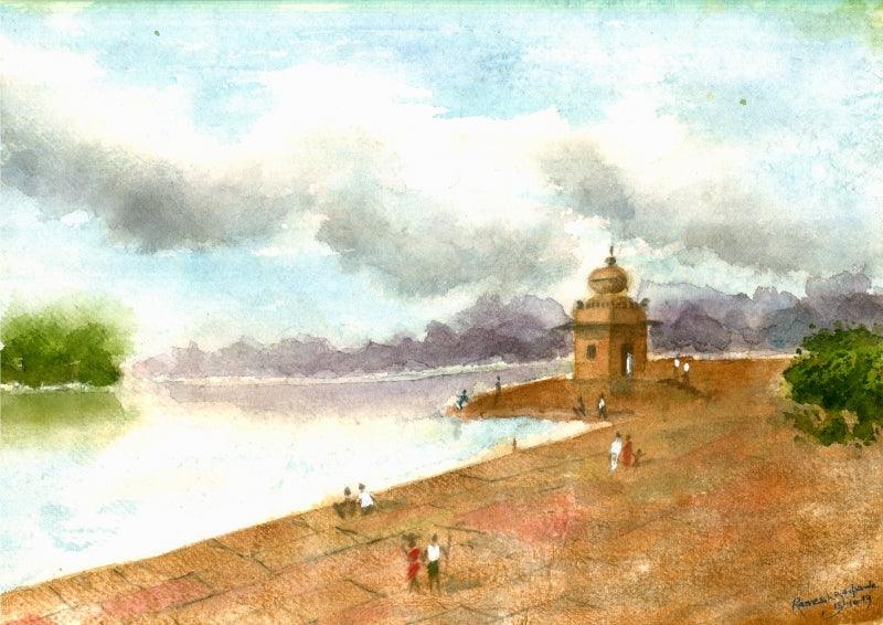 Cityscape watercolor painting titled 'Temple At Riverside', 10x14 inches, by artist Ramessh Barpande on Paper