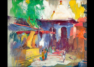 Temple Ii (Temple Vista) by Sikandar Mulla, Original Postercolor Nature Painting on Paper, Small Horizontal Wall Art
