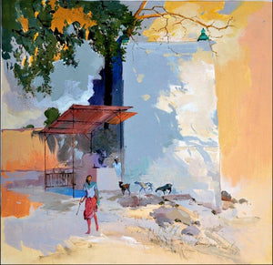 Temple Iv (Village Harmony) by Sikandar Mulla, Original Postercolor Nature Painting on Paper, Small Square Wall Art
