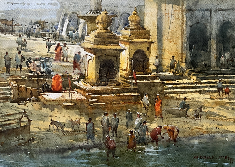 Temple Morning Nashik' religious watercolor painting by artist Amol Dubhele, 11x17 inch, on paper