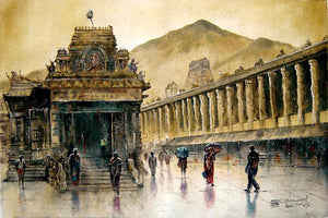 Temple Rainey (Sanctuary in the Showers) by Srv Artist, Original Watercolor Cityscape Painting on Handmade Paper, Small Horizontal Wall Art