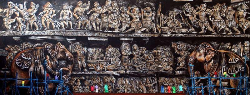 Temple Renovation 3' religious acrylic-charcoal painting by artist Gangu Naidu Pv, 30x78 inch, on canvas