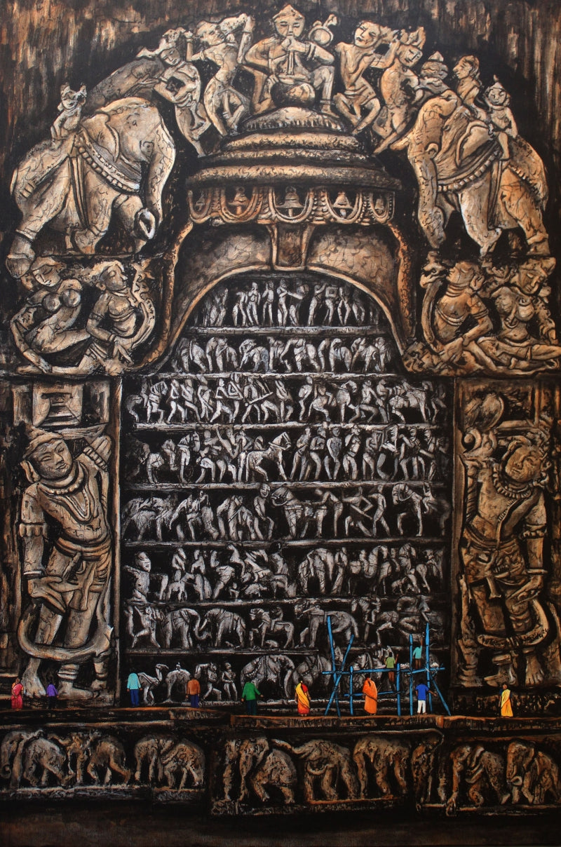 Temple Renovation 6' religious acrylic-charcoal painting by artist Gangu Naidu Pv, 36x24 inch, on canvas