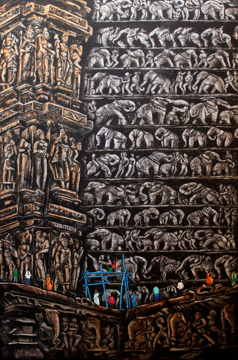 Temple Renovation' religious acrylic-charcoal painting by artist Gangu Naidu Pv, 36x24 inch, on canvas
