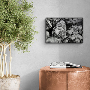 Srv Artist's 'Temple Sculptre (Whispers in Stone)' Painting visualized above a sofa in a contemporary room