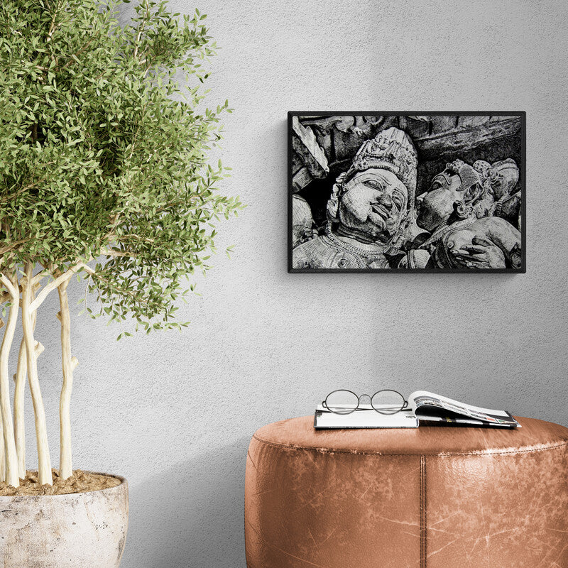 Srv Artist's 'Temple Sculptre (Whispers in Stone)' Painting visualized above a sofa in a contemporary room