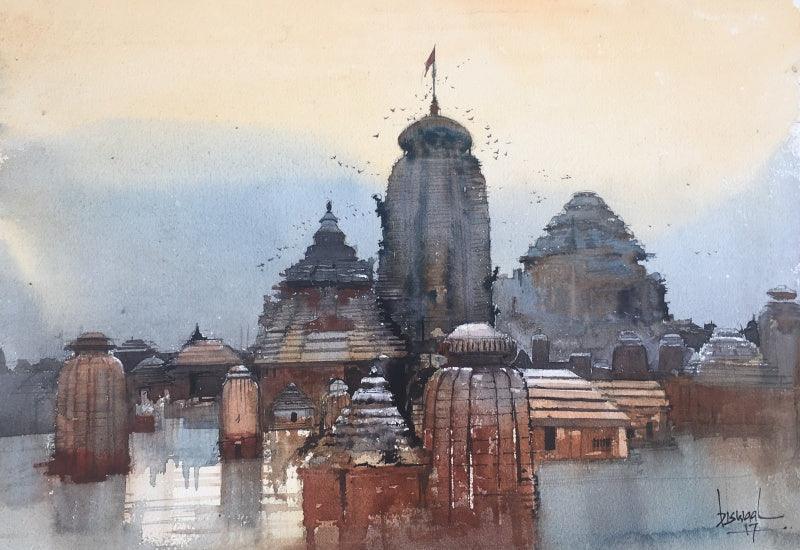 Cityscape watercolor painting titled 'Temple Town Odisha', 14x20 inches, by artist Bijay Biswaal on Paper