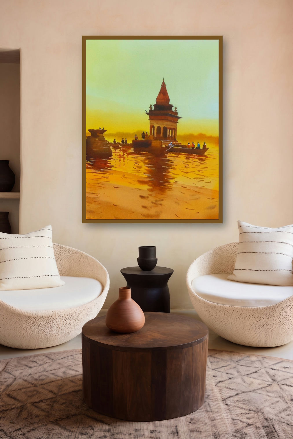Temples At River (Peaceful Ganga A Sunset View) by artist Rupesh Patil displayed in a Modern gallery