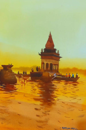 Temples At River (Peaceful Ganga A Sunset View) by Rupesh Patil, Original Watercolor Religious Painting on Paper, Small Vertical Wall Art