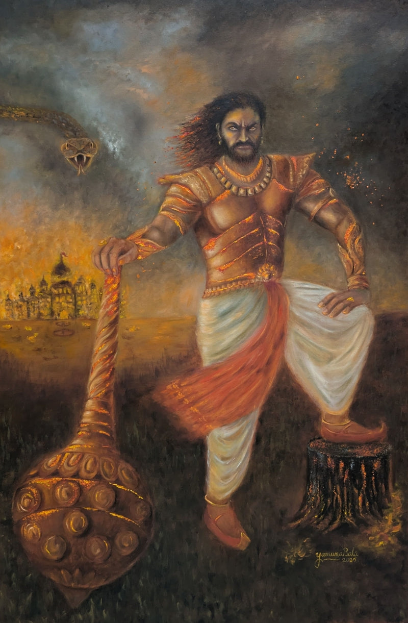 Textured Thoughts Duryodhan Smoldering' religious oil painting by artist Yamuna Bala, 36x24 inch, on linen