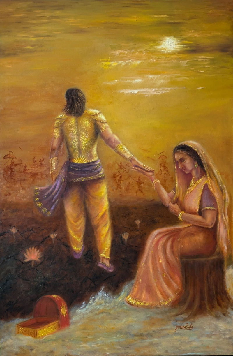 Textured Thoughts Karna Contradictory' religious oil painting by artist Yamuna Bala, 36x24 inch, on linen
