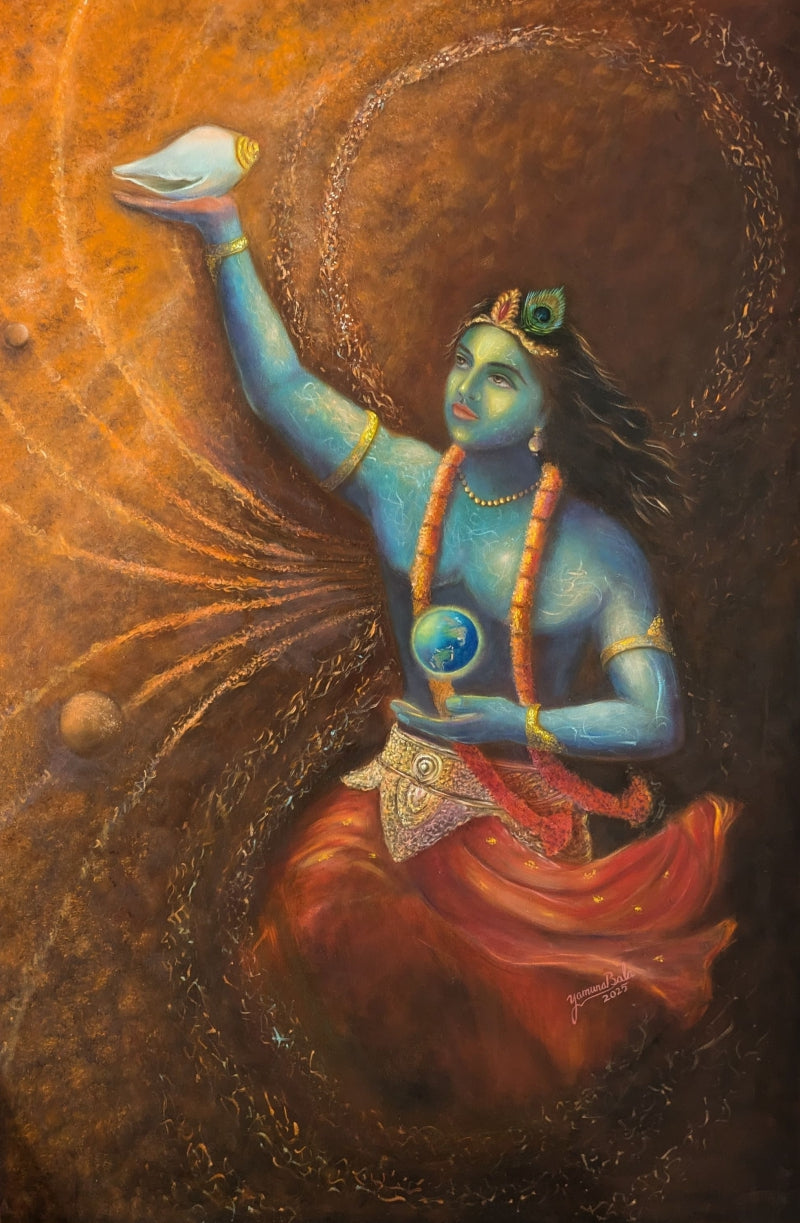 Textured Thoughts Lord Krishna' religious oil painting by artist Yamuna Bala, 36x24 inch, on linen