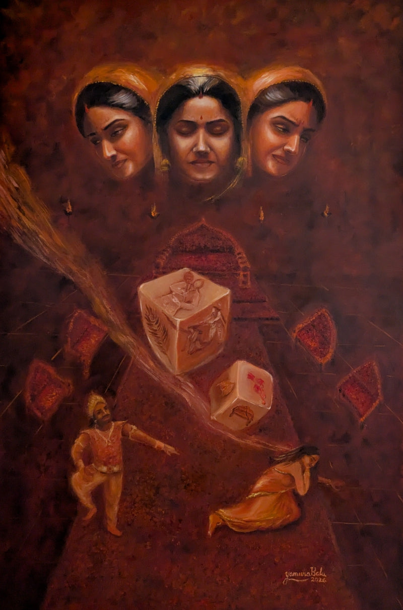 Textured Thoughts From Mahabharat' religious oil painting by artist Yamuna Bala, 36x24 inch, on linen