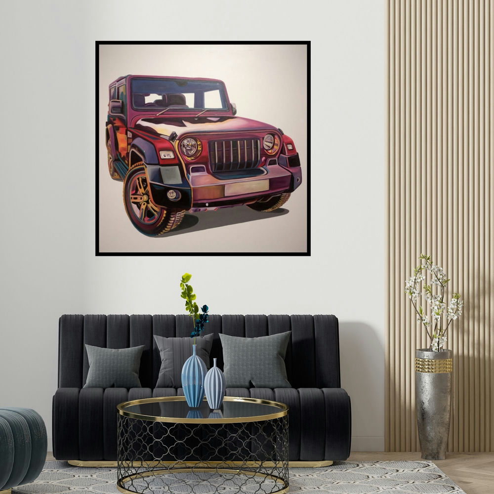 Murali Thrigulla's 'Thar' painting visualized above a sofa in a contemporary room.