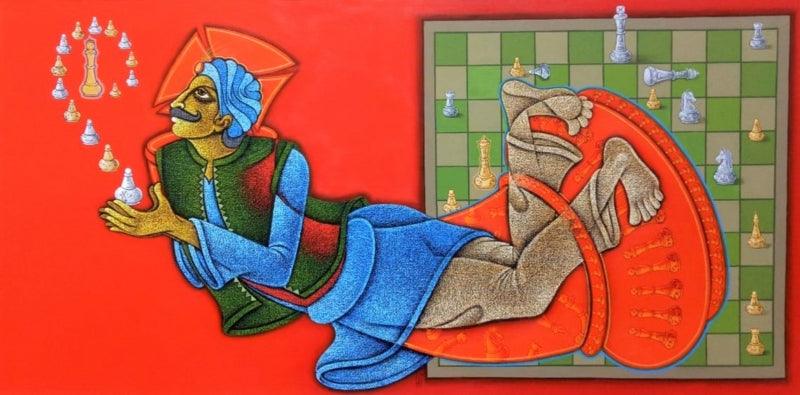 Figurative acrylic painting titled 'The Being King 3', 36x72 inches, by artist Satyajeet Shinde on Canvas