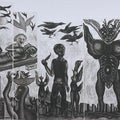 Figurative printmaking titled 'The Bird Flu', 17x22 inches, by artist Sushanta Guha on Paper
