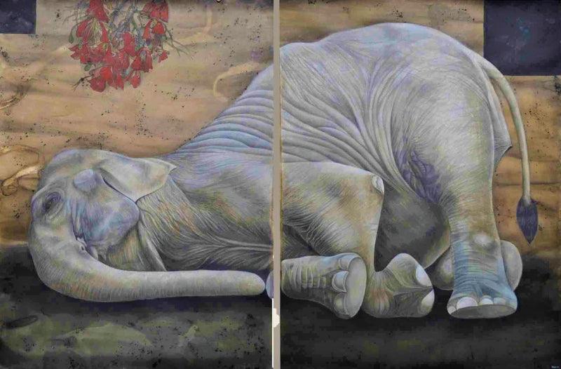 Animals gouache painting titled 'The Birth', 60x96 inches, by artist Haraprasad Tripathy on 400gsm Paper