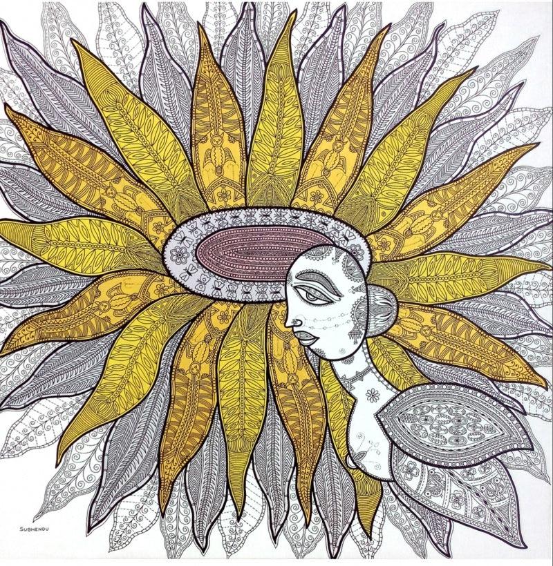 Nature mixed media painting titled 'The Blooming Flower', 24x24 inches, by artist Subhendu Ghosh on Canvas