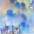 Landscape watercolor painting titled 'The Boats 1', 8x20 inches, by artist Sadek Ahmed on Paper