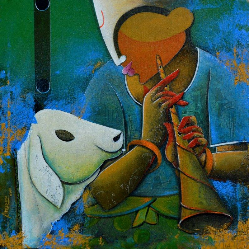 Music acrylic painting titled 'The Bovine Friendship', 24x24 inches, by artist Anupam Pal on Canvas