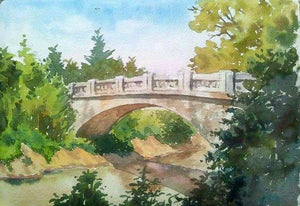 The Bridge (A Passage to Tranquility) by Gaurishankar Behera, Original Watercolor Landscape Painting on Paper, Small Horizontal Wall Art