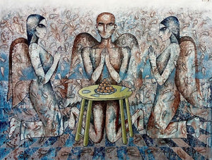The Chamber Of Extreme Ecstasy (Divine Offering) by Ranjith Raghupathy, Original Mixed Media Figurative Painting on Canvas, Medium Horizontal Wall Art