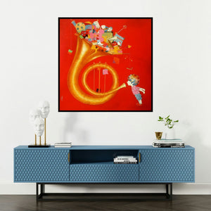 'The Childhood' painting by Shiv Kumar Soni shown on a wall in a furnished room.