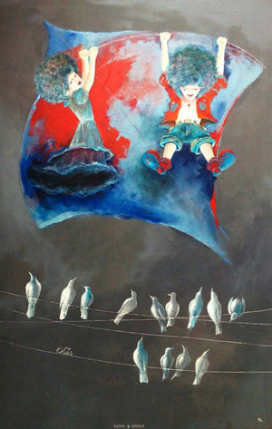 Fantasy acrylic painting titled 'The childhood swinging with kite', 36x34 inches, by artist Shiv kumar Soni on Canvas