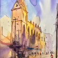 Cityscape watercolor painting titled 'The Church Lane', 18x13 inches, by artist Mohd Qaseem Farooqui on Paper