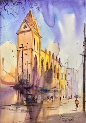The Church Lane (Church Street Corner) by Mohd Qaseem Farooqui, Original Watercolor Cityscape Painting on Paper, Small Vertical Wall Art