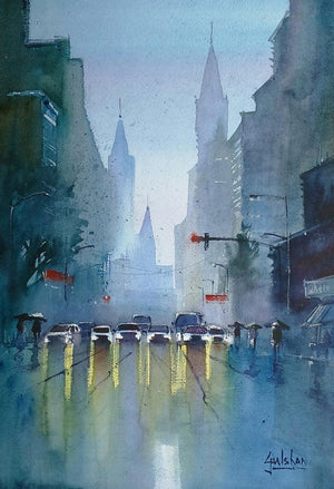 The Confusing Red Light by Gulshan Achari, Original Watercolor Cityscape Painting on Paper, Small Vertical Wall Art