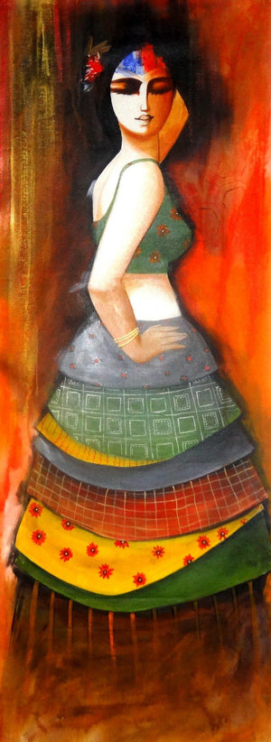 The Dancing Girl (Rhythmic Grace) by Kamal Devnath, Original Acrylic Figurative Painting on Canvas, Medium Vertical Wall Art