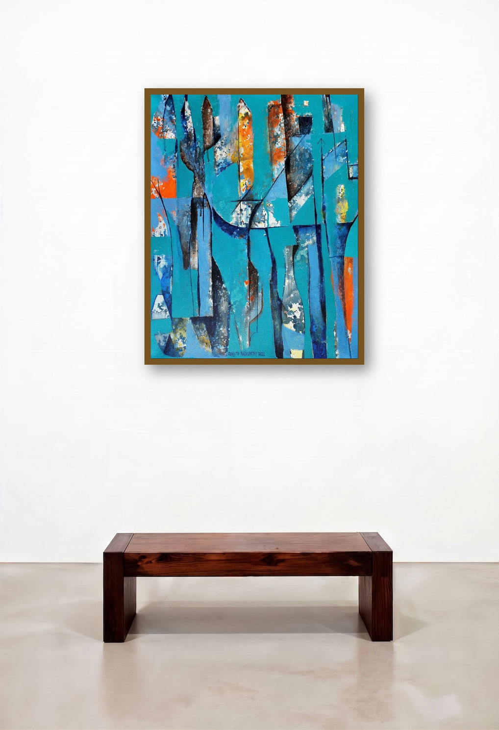 The Door To Desires (Cityscape in Blue) by artist Ranjith Raghupathy displayed in a Contemporary Luxury Bedroom