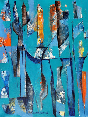 The Door To Desires (Cityscape in Blue) by Ranjith Raghupathy, Original Acrylic Abstract Painting on Canvas, Small Vertical Wall Art