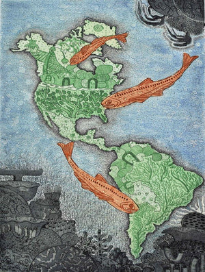 contemporary mixed media painting titled 'The Dream Of Dragon Fishs In America', 20x14 inches, by artist Bitarka Majumder on Paper