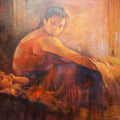 Figurative acrylic painting titled 'The Emotional Watching 3', 40x60 inches, by artist Ranjit Sarkar on Canvas