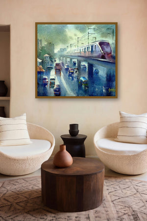 The Flying Metro (Metro Transit) by artist Gulshan Achari displayed in a Boutique gallery