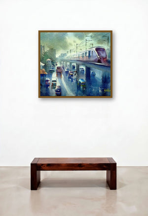 The Flying Metro (Metro Transit) by artist Gulshan Achari displayed in a Mid-Century Modern Reception Area