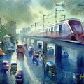 Cityscape watercolor painting titled 'The Flying Metro', 18x13 inches, by artist Gulshan Achari on Paper
